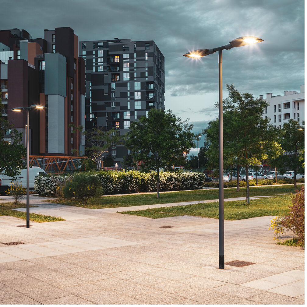LED street luminaires UAE — modern urban pole-mounted lights at dusk